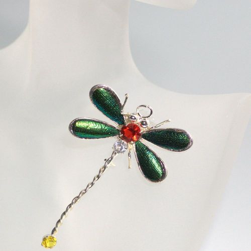 Emerald beetle brooch dragonfly silver plated