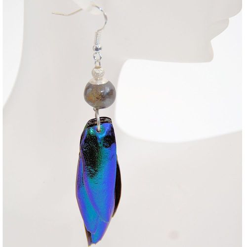 Earrings emerald beetle rice stone, 925 sterling silver pendant 6 Wings Blue
