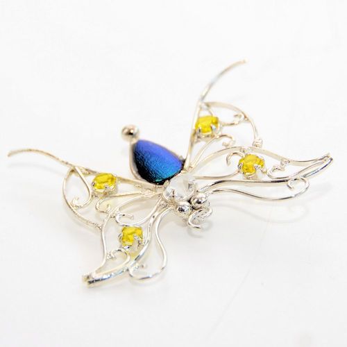 Emerald beetle butterfly silver plated with stones yellow