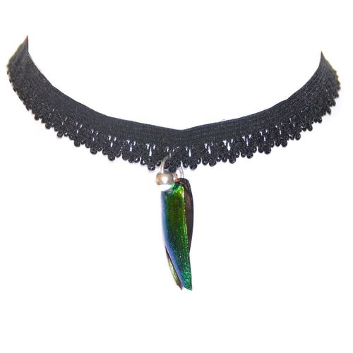 Choker Collars Emerald Beetle Wings with 925 silver ball, black